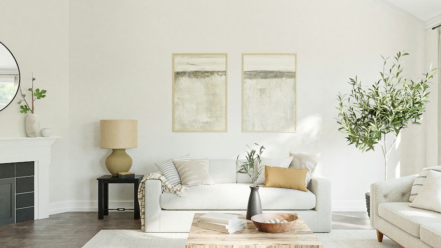 Living room with neutral walls and a fireplace